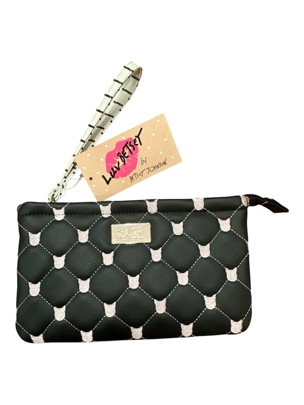 NWT Betsey Johnson Double Pouch Wristlet Pink Cats Black with White Stripes